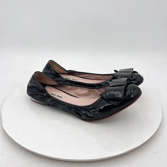 Miu Miu Women Size EU 37.5 US 7.5 Black Glossy Leather Bow Ballerina Flat Shoes