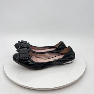 Miu Miu Women Size EU 37.5 US 7.5 Black Glossy Leather Bow Ballerina Flat Shoes
