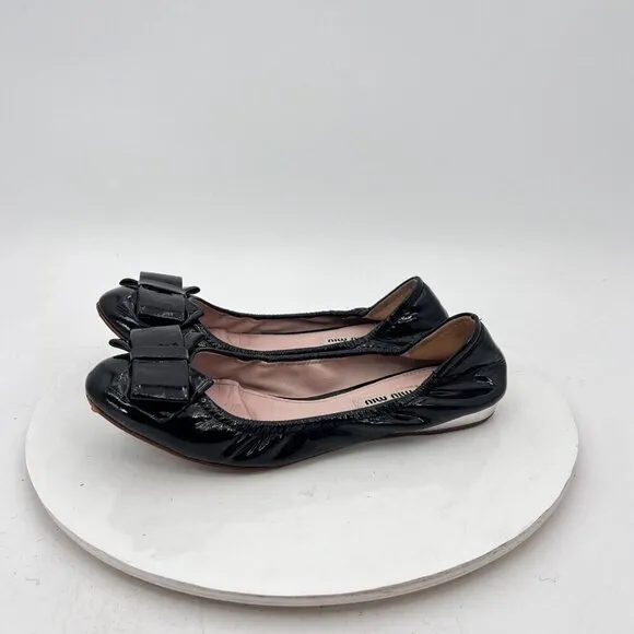 Miu Miu Women Size EU 37.5 US 7.5 Black Glossy Leather Bow Ballerina Flat Shoes