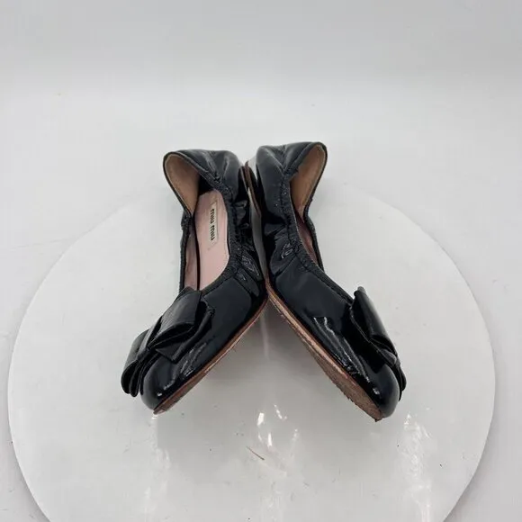 Miu Miu Women Size EU 37.5 US 7.5 Black Glossy Leather Bow Ballerina Flat Shoes