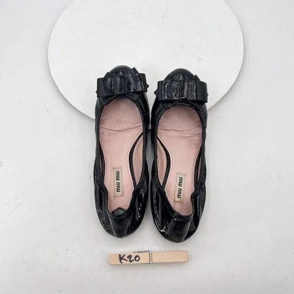 Miu Miu Women Size EU 37.5 US 7.5 Black Glossy Leather Bow Ballerina Flat Shoes