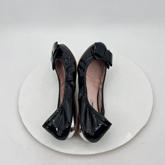 Miu Miu Women Size EU 37.5 US 7.5 Black Glossy Leather Bow Ballerina Flat Shoes