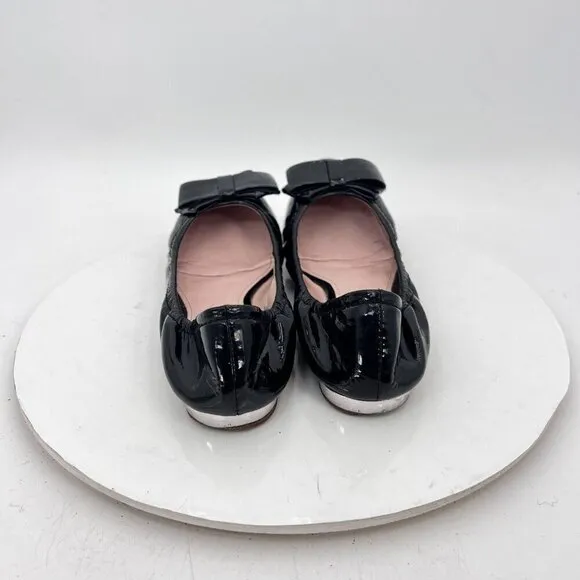 Miu Miu Women Size EU 37.5 US 7.5 Black Glossy Leather Bow Ballerina Flat Shoes