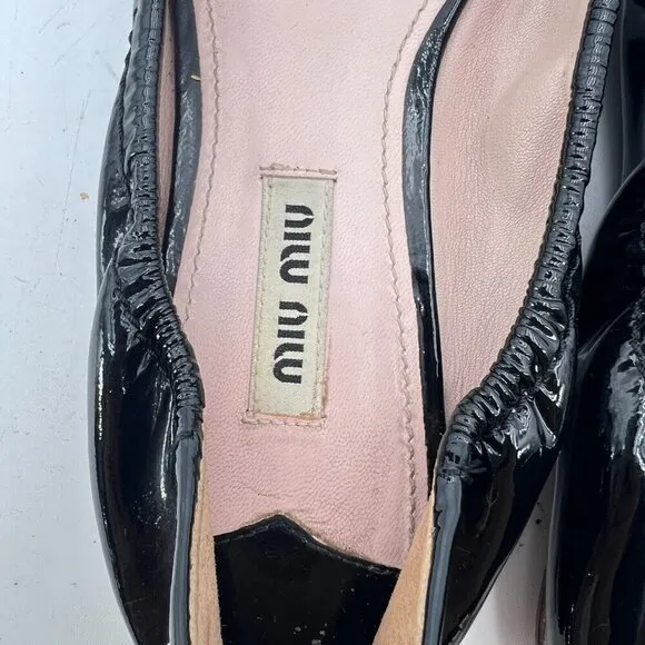 Miu Miu Women Size EU 37.5 US 7.5 Black Glossy Leather Bow Ballerina Flat Shoes