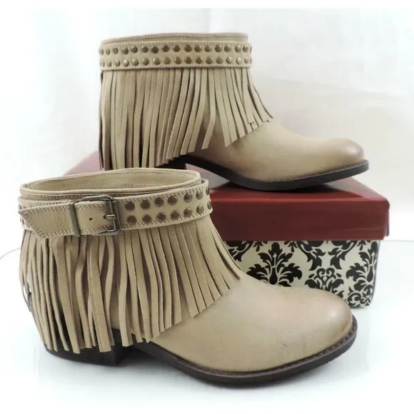 Naughty Monkey Amigo Fringe Ankle Booties Studs Leather Nude Size 7.5