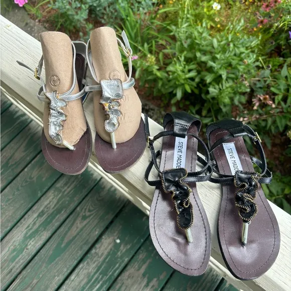 New 2 pair Girls Steve Madden Black Ruffle Sandal &amp; Silver Ruffle Sandal -Sz 1 M