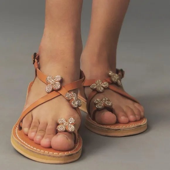 New 38 / 7 Anthropologie laidback London blyth flower embellished sandals tan