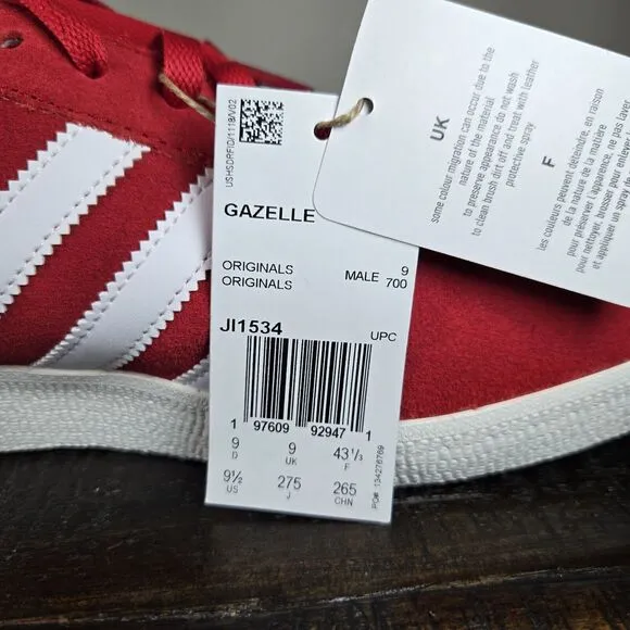 NEW Adidas Gazelle Mens Size 9.5 Low Top Shoes Sneakers Red Scarlet White JI1534