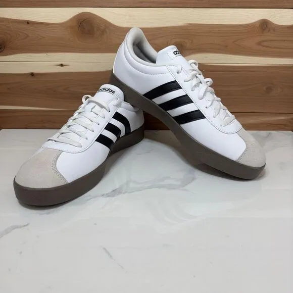 NEW -‎ Adidas VL Court 2.0 Classic White Sneakers with Black Stripes Size 11