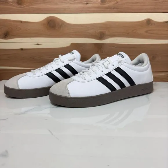 NEW -‎ Adidas VL Court 2.0 Classic White Sneakers with Black Stripes Size 11