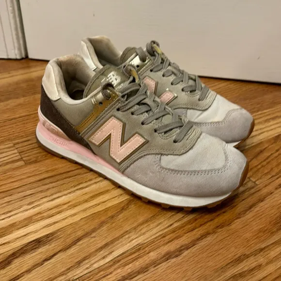 New Balance 574 Metallic Patch Khaki Pink Shoe