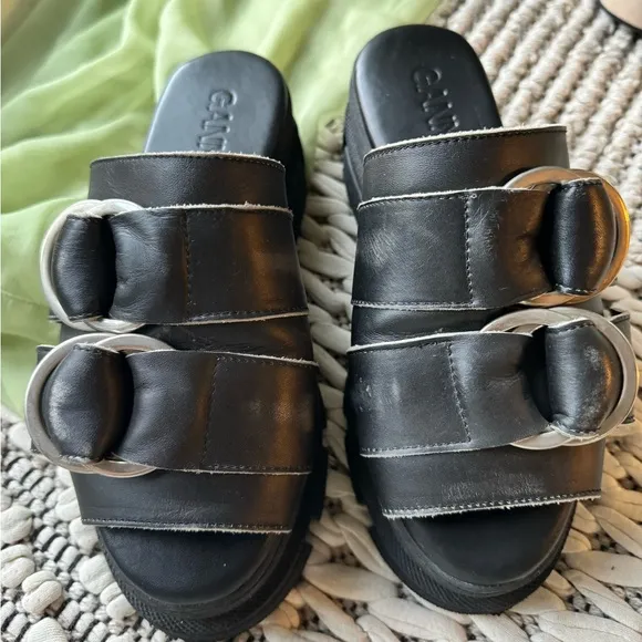 New black leather Ganni platform buckle sandals size 7