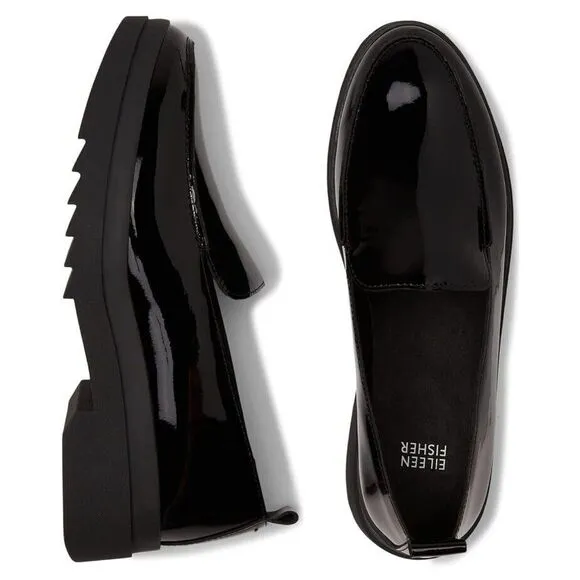 NEW‎ Eileen Fisher Fact Black Patent Leather Loafer Women's SlipOn Shoes Size 5