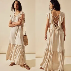 New Free People Terrazo Lace Up Maxi Dress Oatmeal