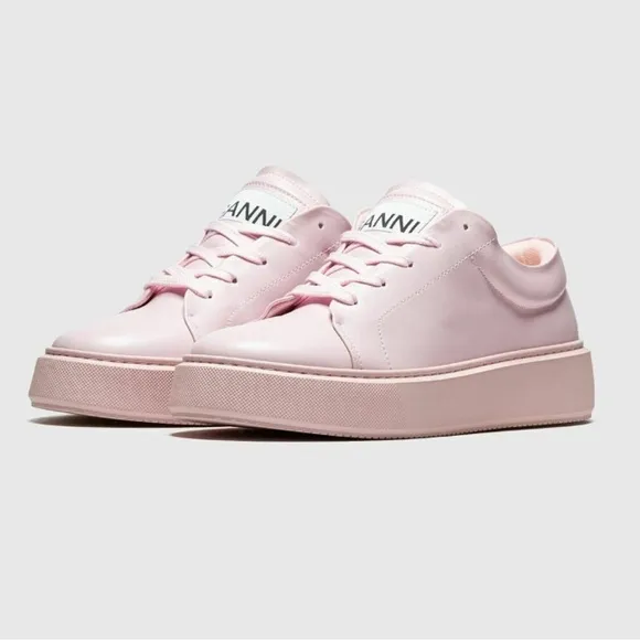 NEW GANNI Vegan Leather Low Top Trainers Platform Sneakers Pale Lilac Pink