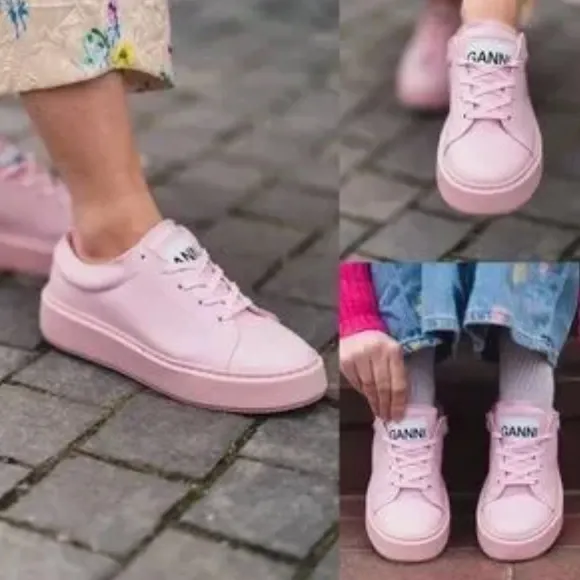 NEW GANNI Vegan Leather Low Top Trainers Platform Sneakers Pale Lilac Pink