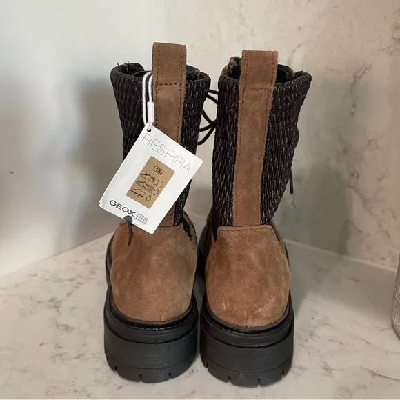 New! Geox  Iridea Respira Brown Suede Combat boots Sz 38‎ US 8 $170