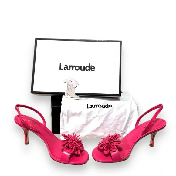 NEW Larroude Hibiscus Pink Slingback Leather Heeled Floral Sandals Size 8