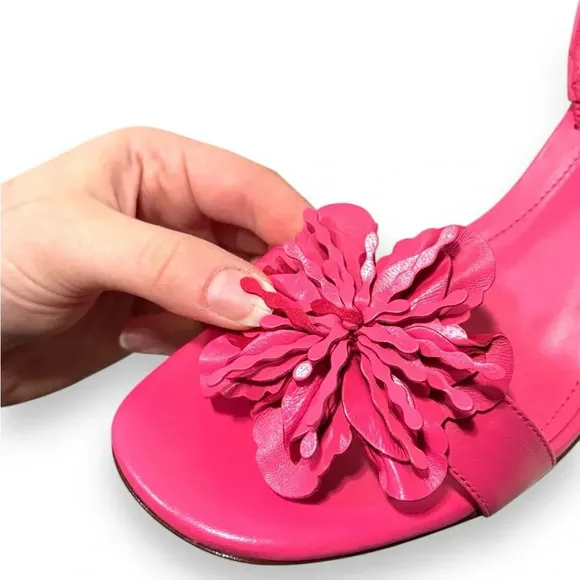 NEW Larroude Hibiscus Pink Slingback Leather Heeled Floral Sandals Size 8