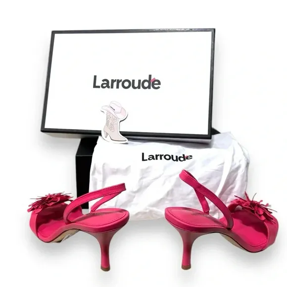 NEW Larroude Hibiscus Pink Slingback Leather Heeled Floral Sandals Size 8