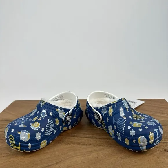 New Little Kids Crocs Classic Lined Blue Hanukkah Clogs Shoes Sandals Size 7 C
