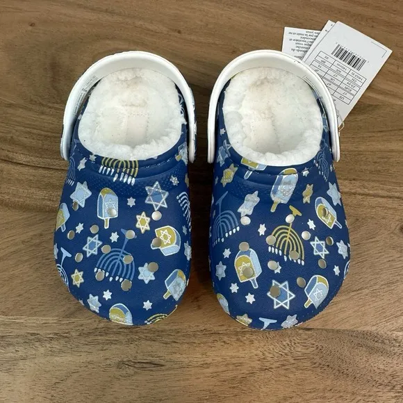 New Little Kids Crocs Classic Lined Blue Hanukkah Clogs Shoes Sandals Size 7 C