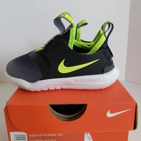 NEW Nike Flex Runner Smoke Grey Volt Black White Slip-on Shoes Toddler Kids 7c