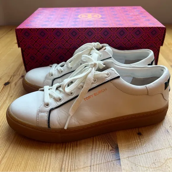 NEW Tory Burch Olive Gum Sole Court Sneaker Nappa Leather Snow White/ Royal Navy