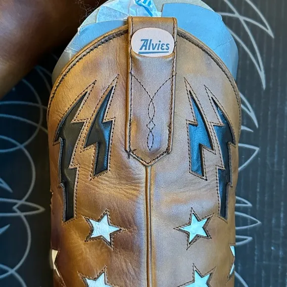 NIB Alvies Women’s Brown Leather w/ Stars &amp; Lightning Cowboy Boots Sz 7.5 M