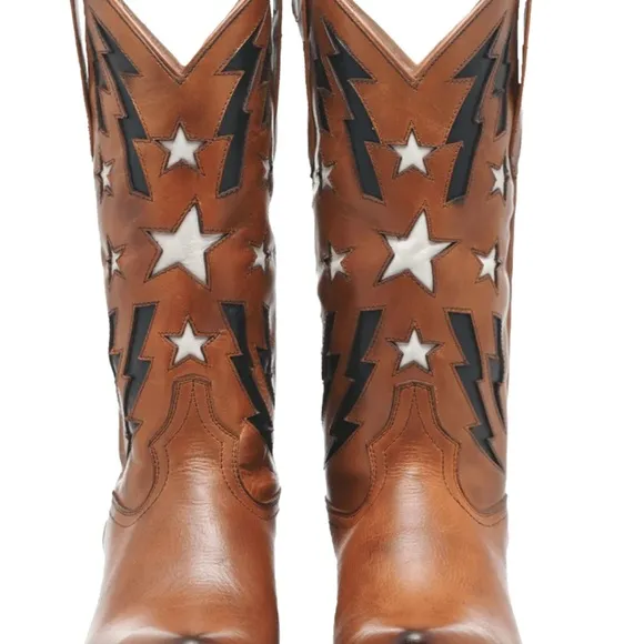 NIB Alvies Women’s Brown Leather w/ Stars &amp; Lightning Cowboy Boots Sz 7.5 M