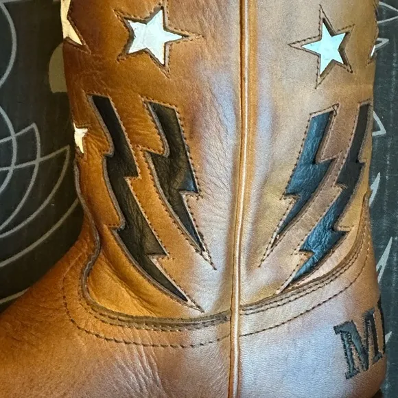 NIB Alvies Women’s Brown Leather w/ Stars &amp; Lightning Cowboy Boots Sz 7.5 M