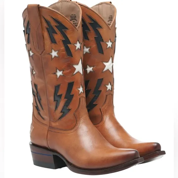 NIB Alvies Women’s Brown Leather w/ Stars &amp; Lightning Cowboy Boots Sz 7.5 M