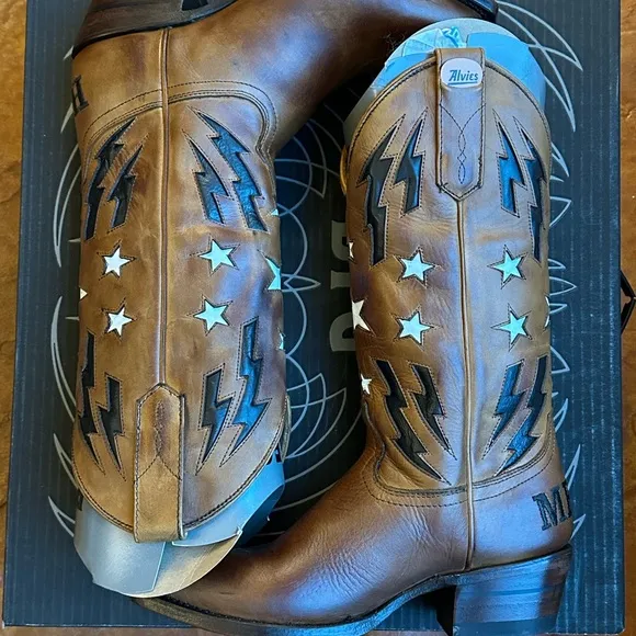 NIB Alvies Women’s Brown Leather w/ Stars &amp; Lightning Cowboy Boots Sz 7.5 M