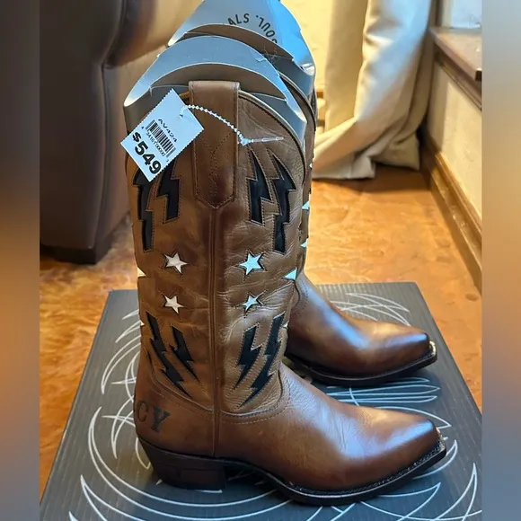 NIB Alvies Women’s Brown Leather w/ Stars &amp; Lightning Cowboy Boots Sz 7.5 M