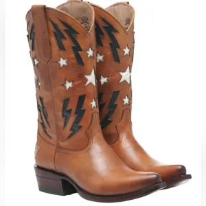 NIB Alvies Women’s Brown Leather w/ Stars &amp; Lightning Cowboy Boots Sz 7.5 M