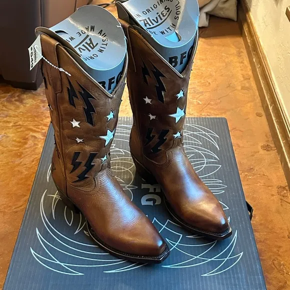 NIB Alvies Women’s Brown Leather w/ Stars &amp; Lightning Cowboy Boots Sz 7.5 M