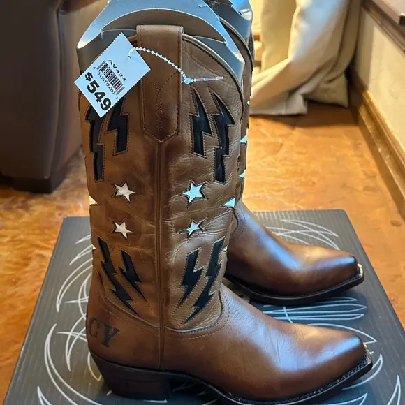 NIB Alvies Women’s Brown Leather w/ Stars &amp; Lightning Cowboy Boots Sz 8 B