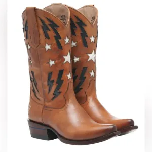 NIB Alvies Women’s Brown Leather w/ Stars &amp; Lightning Cowboy Boots Sz 8 B