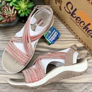 NIB Skechers Reggae Cup Love Wins Vegan Strappy Sport Sandal Taupe/Coral 8 38