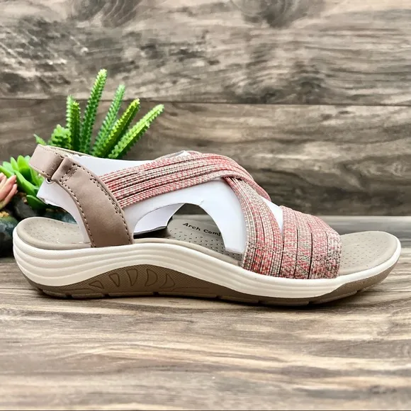 NIB Skechers Reggae Cup Love Wins Vegan Strappy Sport Sandal Taupe/Coral 8 38