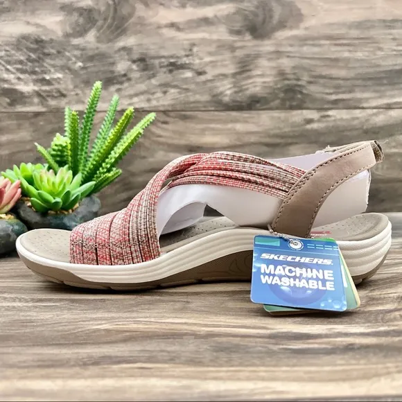 NIB Skechers Reggae Cup Love Wins Vegan Strappy Sport Sandal Taupe/Coral 8 38