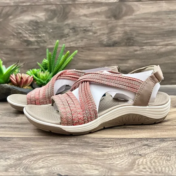 NIB Skechers Reggae Cup Love Wins Vegan Strappy Sport Sandal Taupe/Coral 8 38