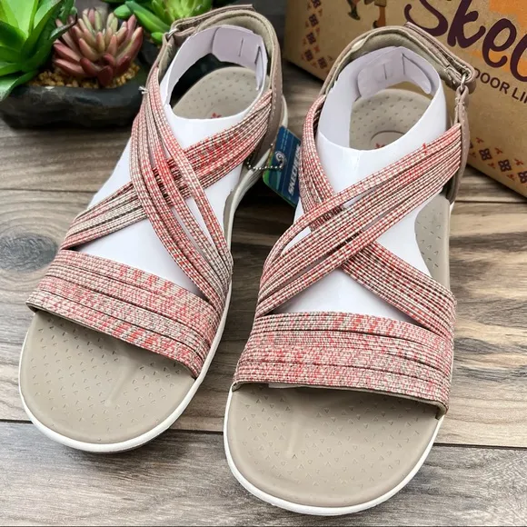 NIB Skechers Reggae Cup Love Wins Vegan Strappy Sport Sandal Taupe/Coral 8 38