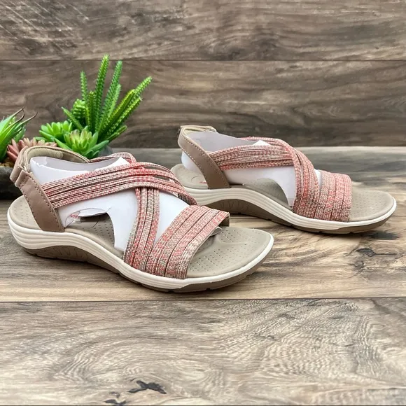 NIB Skechers Reggae Cup Love Wins Vegan Strappy Sport Sandal Taupe/Coral 8 38