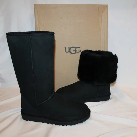 NIB UGG CLASSIC TALL‎ II WATER RESISTANT SUEDE SHEARLING LINED BOOTS BLACK