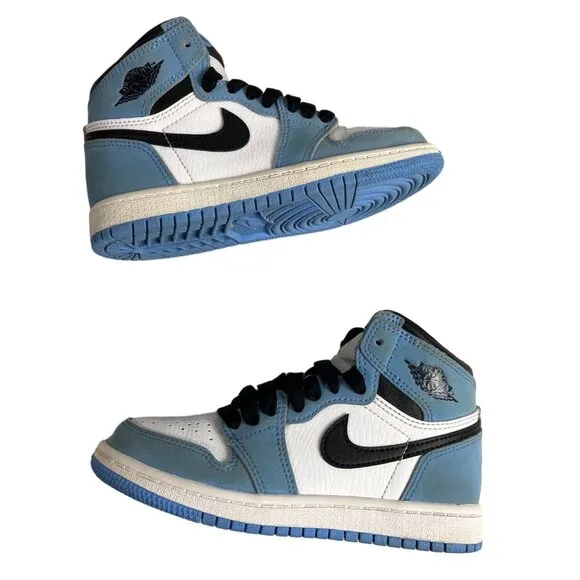 Nike Air Jordan 1 Retro Blue &amp; White Leather High OG UNC Boys Sneakers Size 12C