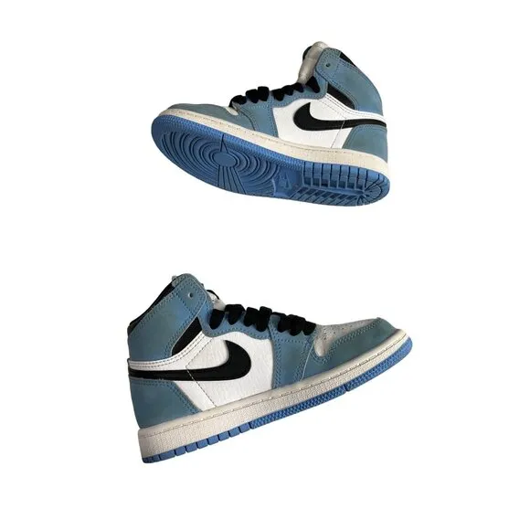 Nike Air Jordan 1 Retro Blue &amp; White Leather High OG UNC Boys Sneakers Size 12C