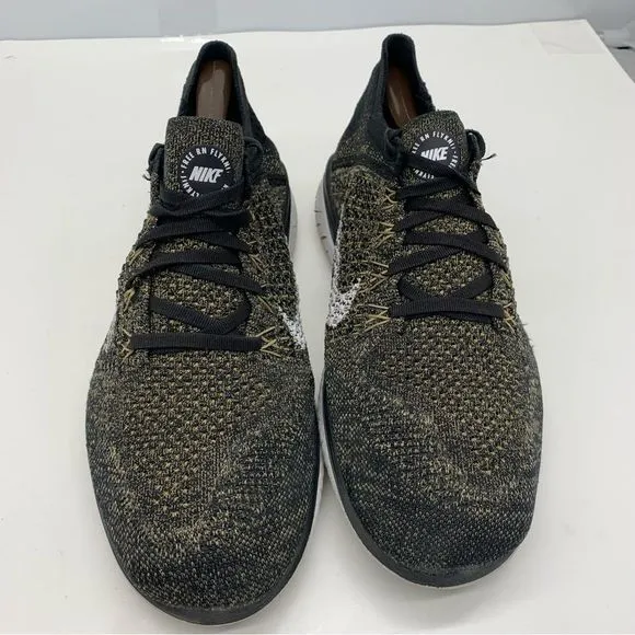 Nike Free RN Flyknit 2018 Mens 10 Black Gold Athletic Running Shoes Sneakers