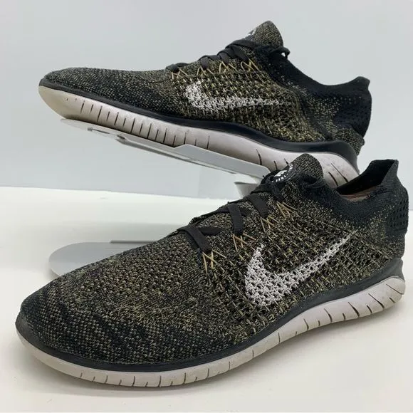 Nike Free RN Flyknit 2018 Mens 10 Black Gold Athletic Running Shoes Sneakers