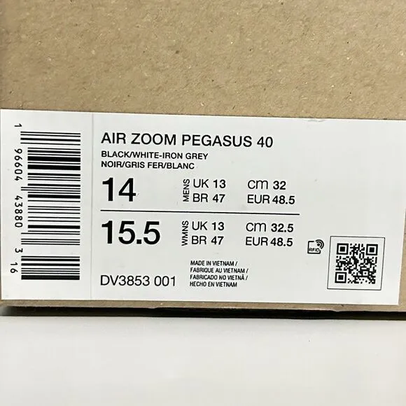 Nike Nike Air Zoom Pegasus 40 “Black White” Men’s Size 14 Running Sneaker No Lid